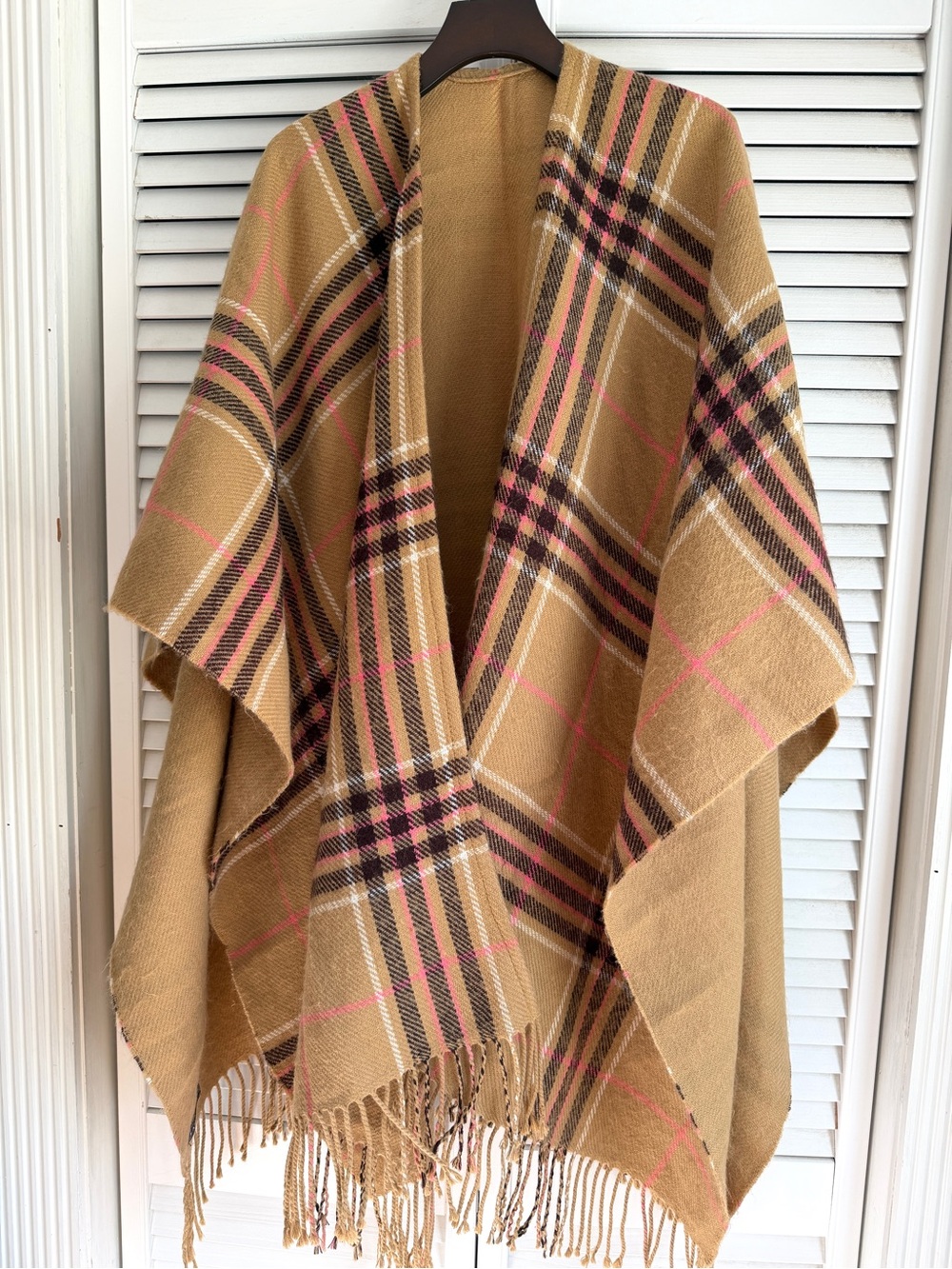 🤎 Lands' End Large Camel Pink Plaid Fringe Shawl/Wrap Brushed Wool Blend Ruana